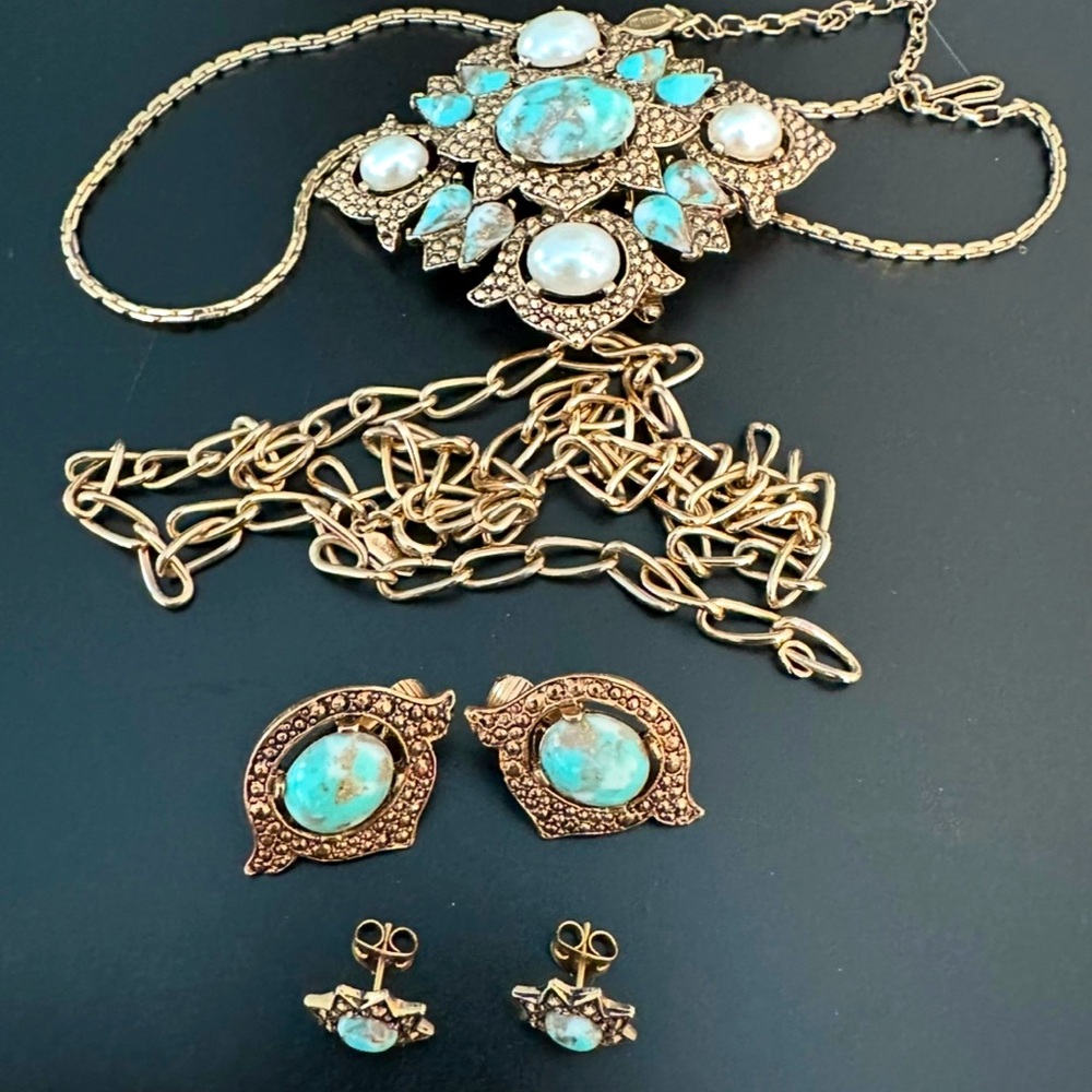 VTG Sarah Coventry 7 pc Set ‘Remembrance’ Collection 60’s Gold Turquoise Pearl